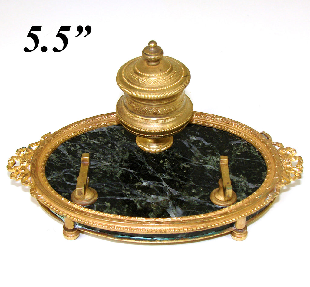 Antique French Napoleon III Era French Empire Style Inkwell, Gilt Bronze & Green Marble