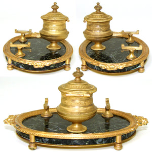 Antique French Napoleon III Era French Empire Style Inkwell, Gilt Bronze & Green Marble