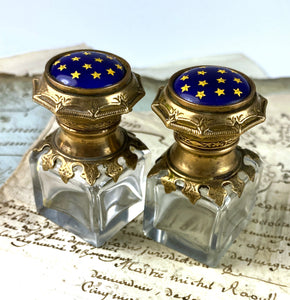 Elegant Pair Antique French Perfume Bottles, Kiln-fired Enamel Caps, Stoppers Intact