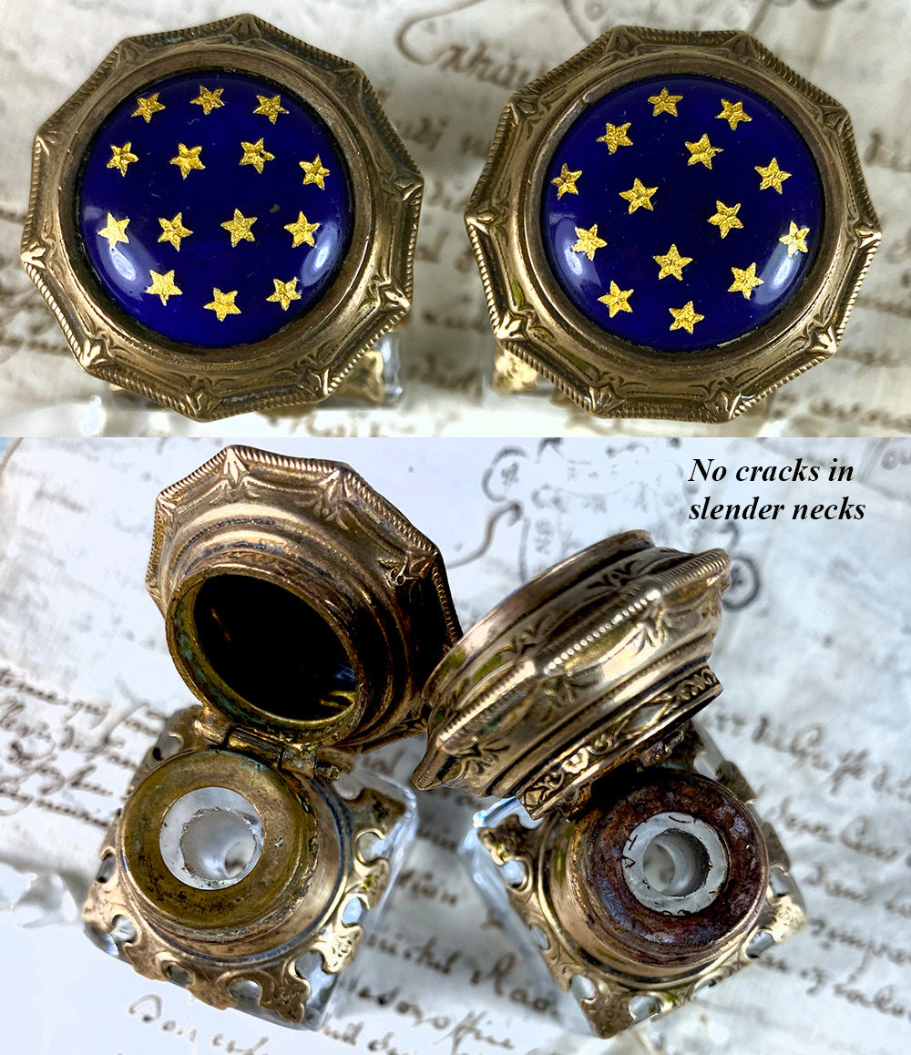 Elegant Pair Antique French Perfume Bottles, Kiln-fired Enamel Caps, Stoppers Intact