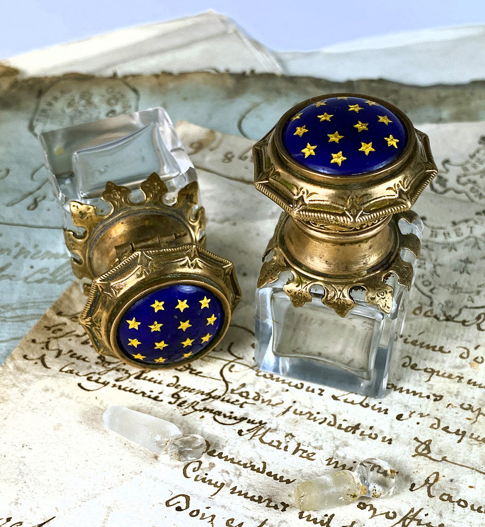 Elegant Pair Antique French Perfume Bottles, Kiln-fired Enamel Caps, Stoppers Intact