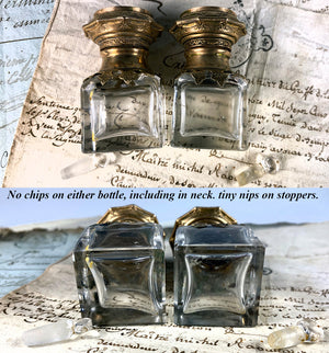 Elegant Pair Antique French Perfume Bottles, Kiln-fired Enamel Caps, Stoppers Intact