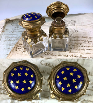 Elegant Pair Antique French Perfume Bottles, Kiln-fired Enamel Caps, Stoppers Intact