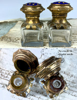 Elegant Pair Antique French Perfume Bottles, Kiln-fired Enamel Caps, Stoppers Intact