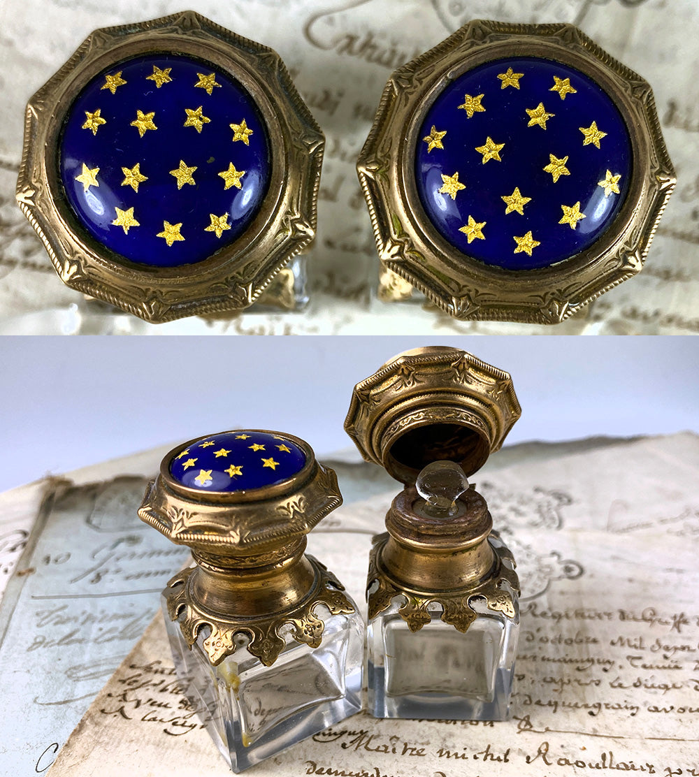 Elegant Pair Antique French Perfume Bottles, Kiln-fired Enamel Caps, Stoppers Intact