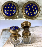 Elegant Pair Antique French Perfume Bottles, Kiln-fired Enamel Caps, Stoppers Intact