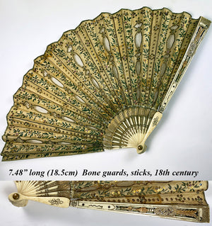 Charming 19th Century French Bone and Embroidered Silk, Sequin 18.5 cm Hand Fan with Flirt