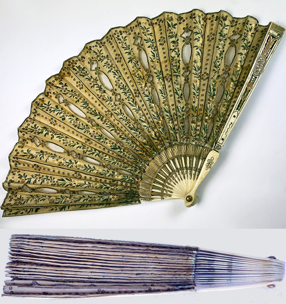 Charming 19th Century French Bone and Embroidered Silk, Sequin 18.5 cm Hand Fan with Flirt