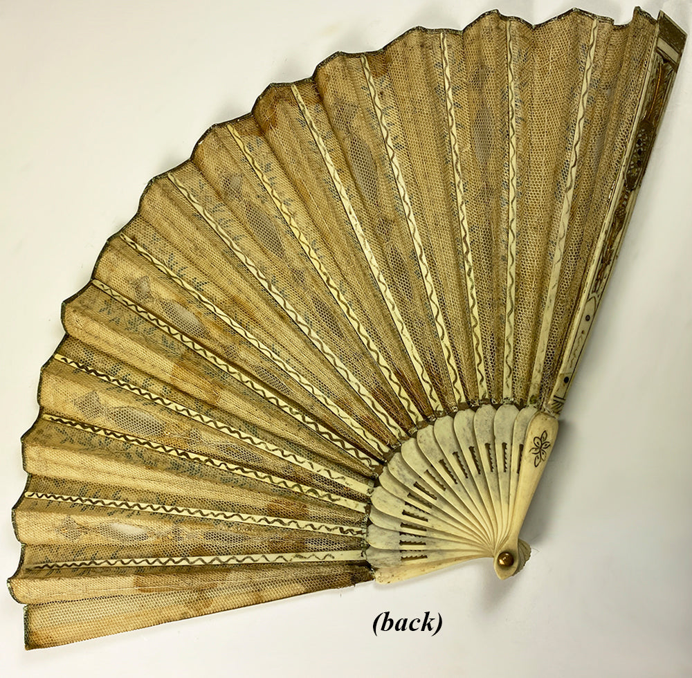 Charming 19th Century French Bone and Embroidered Silk, Sequin 18.5 cm Hand Fan with Flirt