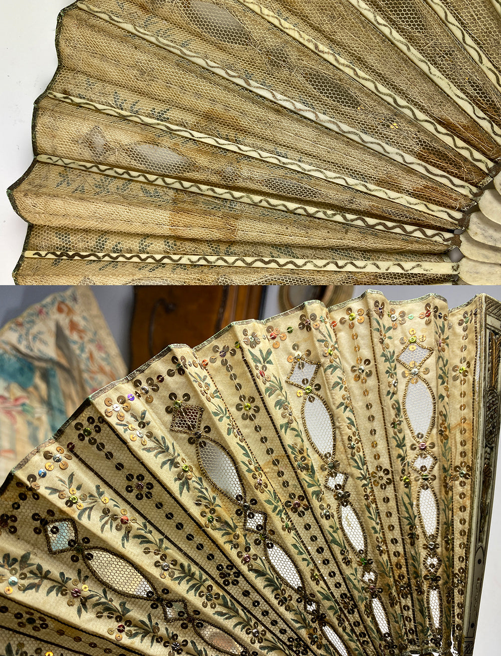 Charming 19th Century French Bone and Embroidered Silk, Sequin 18.5 cm Hand Fan with Flirt