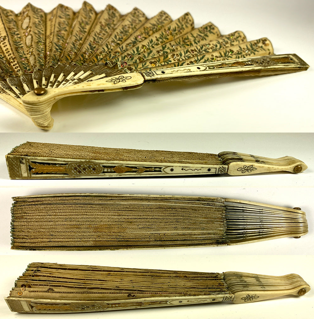 Charming 19th Century French Bone and Embroidered Silk, Sequin 18.5 cm Hand Fan with Flirt