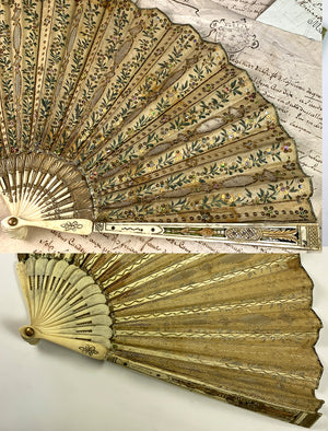 Charming 19th Century French Bone and Embroidered Silk, Sequin 18.5 cm Hand Fan with Flirt