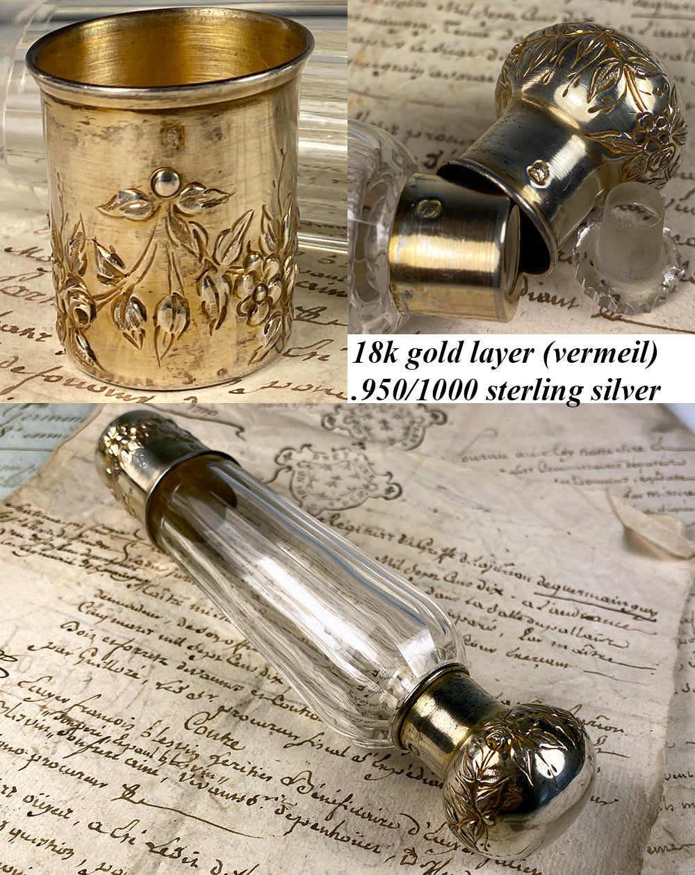 Antique French 18k Gold Vermeil on Sterling Silver 6" Long Flask, Purse Flacon, Cup