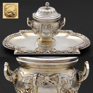 Rare Antique French Sterling Silver Vermeil Inkwell, Attached Tray, Laurel Garland and Bow & RIbbon