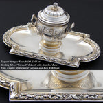 Rare Antique French Sterling Silver Vermeil Inkwell, Attached Tray, Laurel Garland and Bow & RIbbon