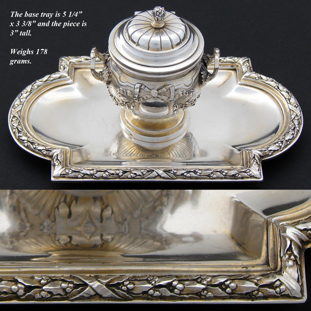 Rare Antique French Sterling Silver Vermeil Inkwell, Attached Tray, Laurel Garland and Bow & RIbbon