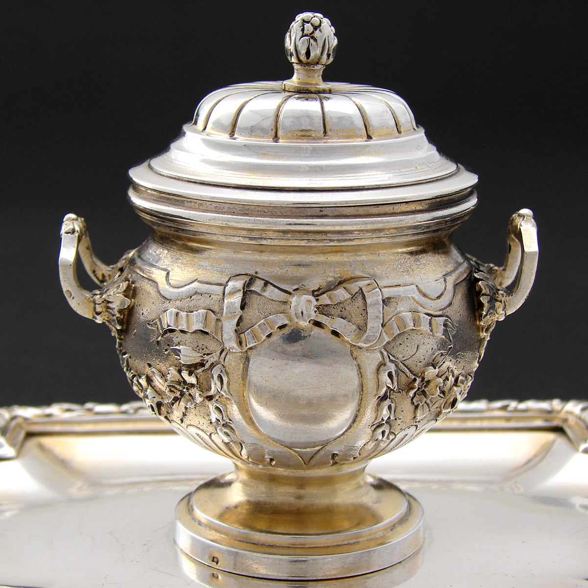 Rare Antique French Sterling Silver Vermeil Inkwell, Attached Tray, Laurel Garland and Bow & RIbbon