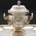 Rare Antique French Sterling Silver Vermeil Inkwell, Attached Tray, Laurel Garland and Bow & RIbbon