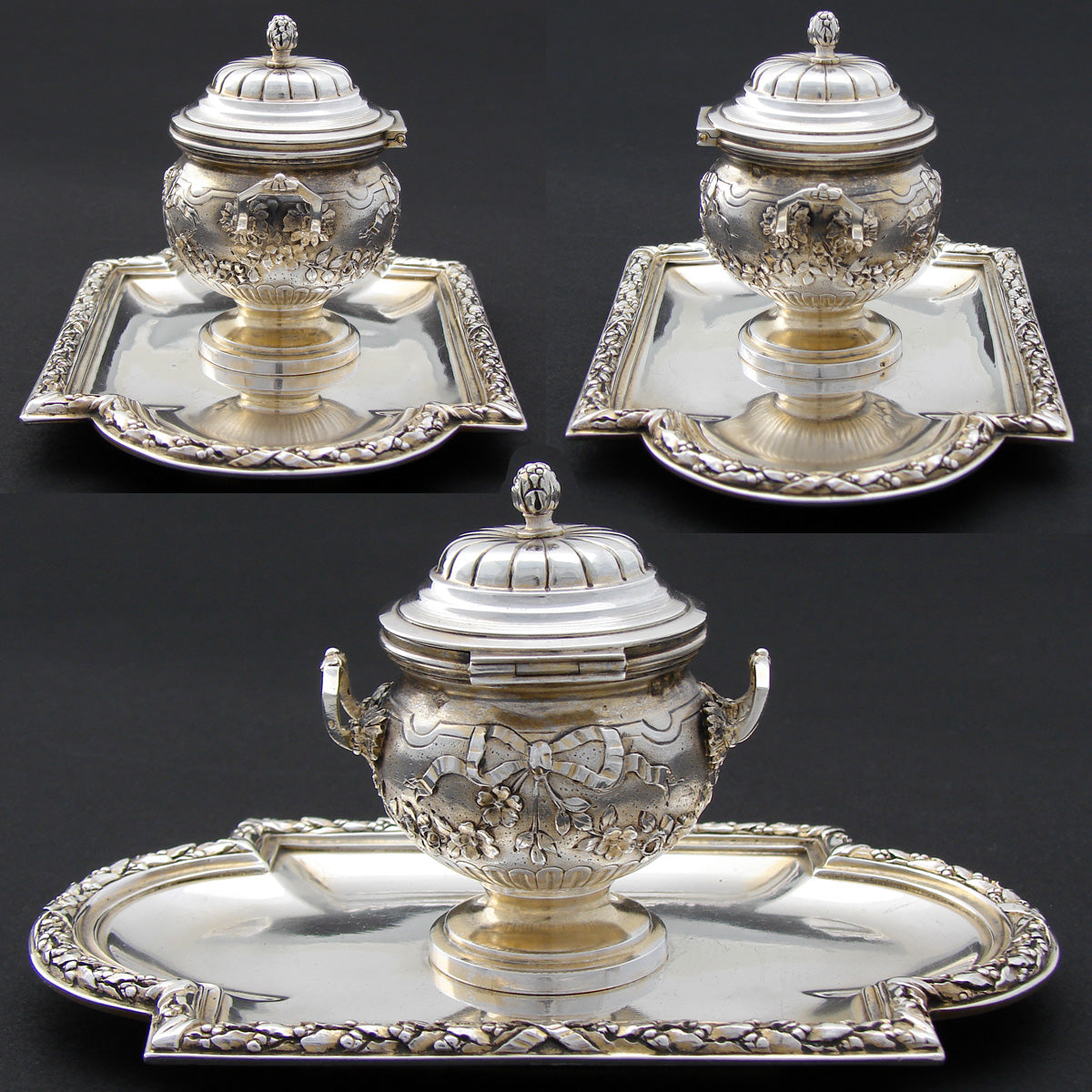 Rare Antique French Sterling Silver Vermeil Inkwell, Attached Tray, Laurel Garland and Bow & RIbbon