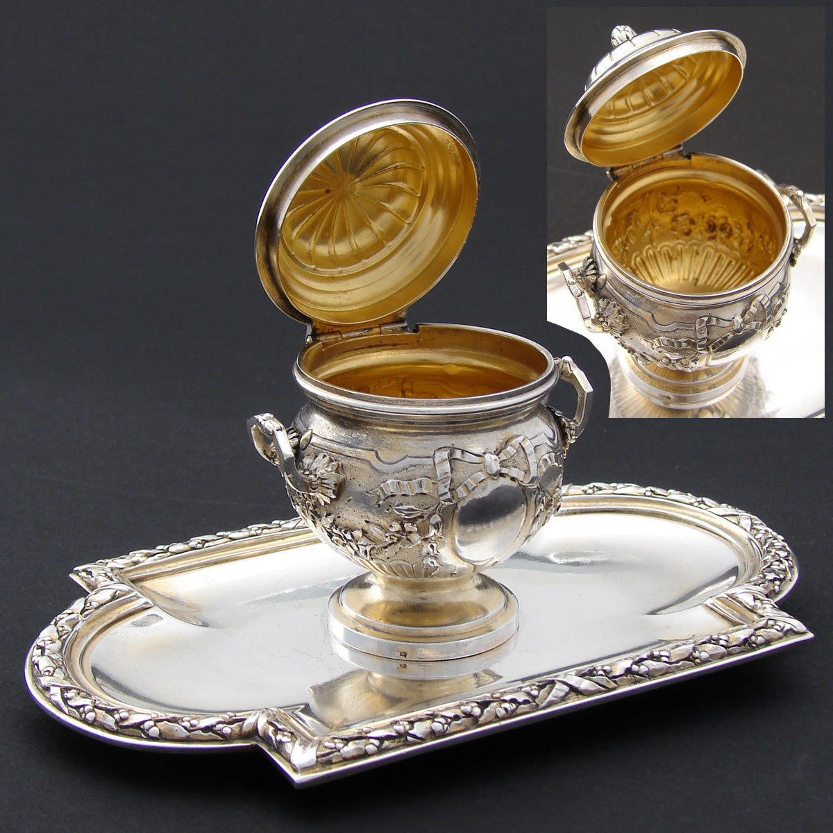 Rare Antique French Sterling Silver Vermeil Inkwell, Attached Tray, Laurel Garland and Bow & RIbbon