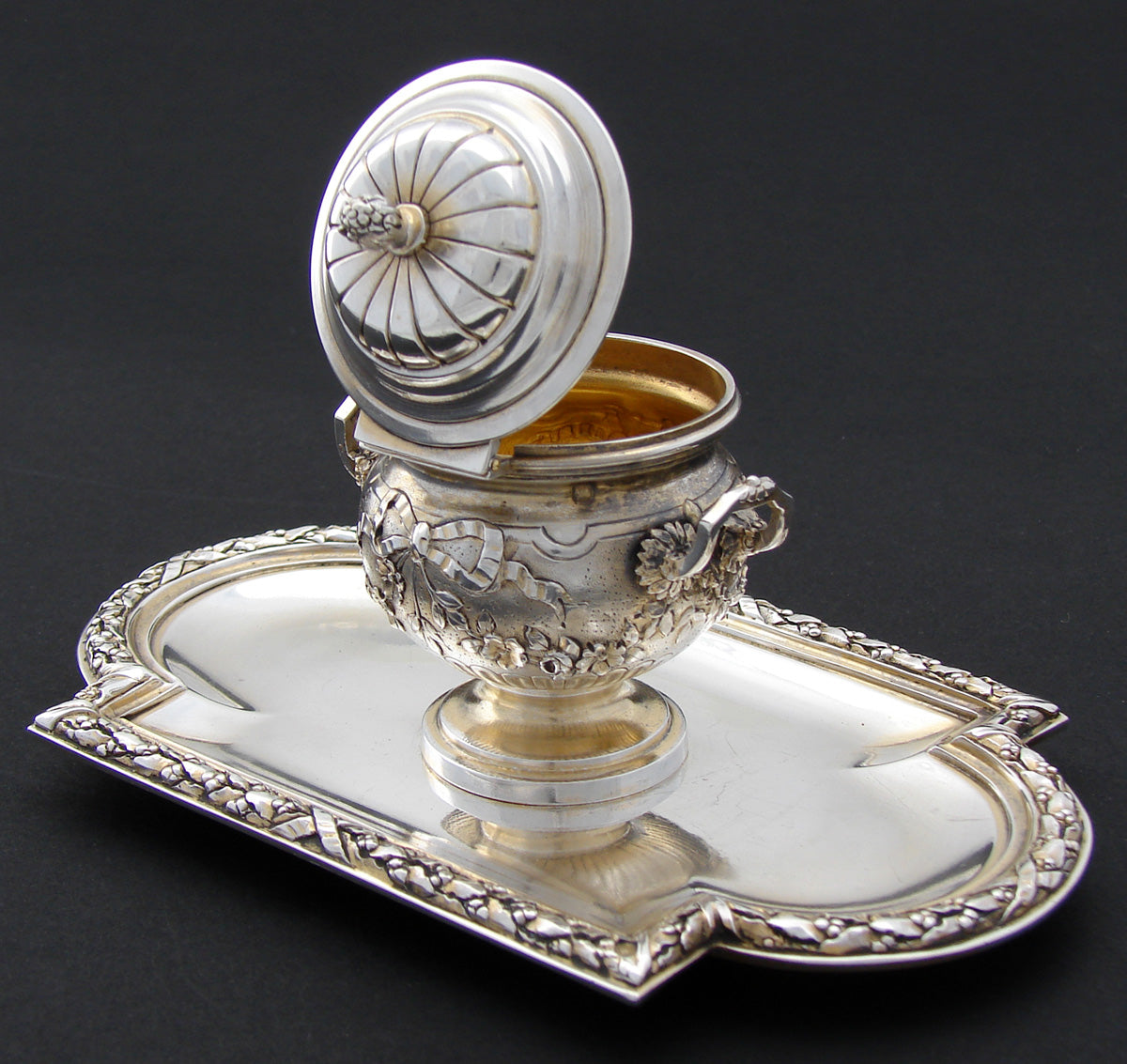 Rare Antique French Sterling Silver Vermeil Inkwell, Attached Tray, Laurel Garland and Bow & RIbbon