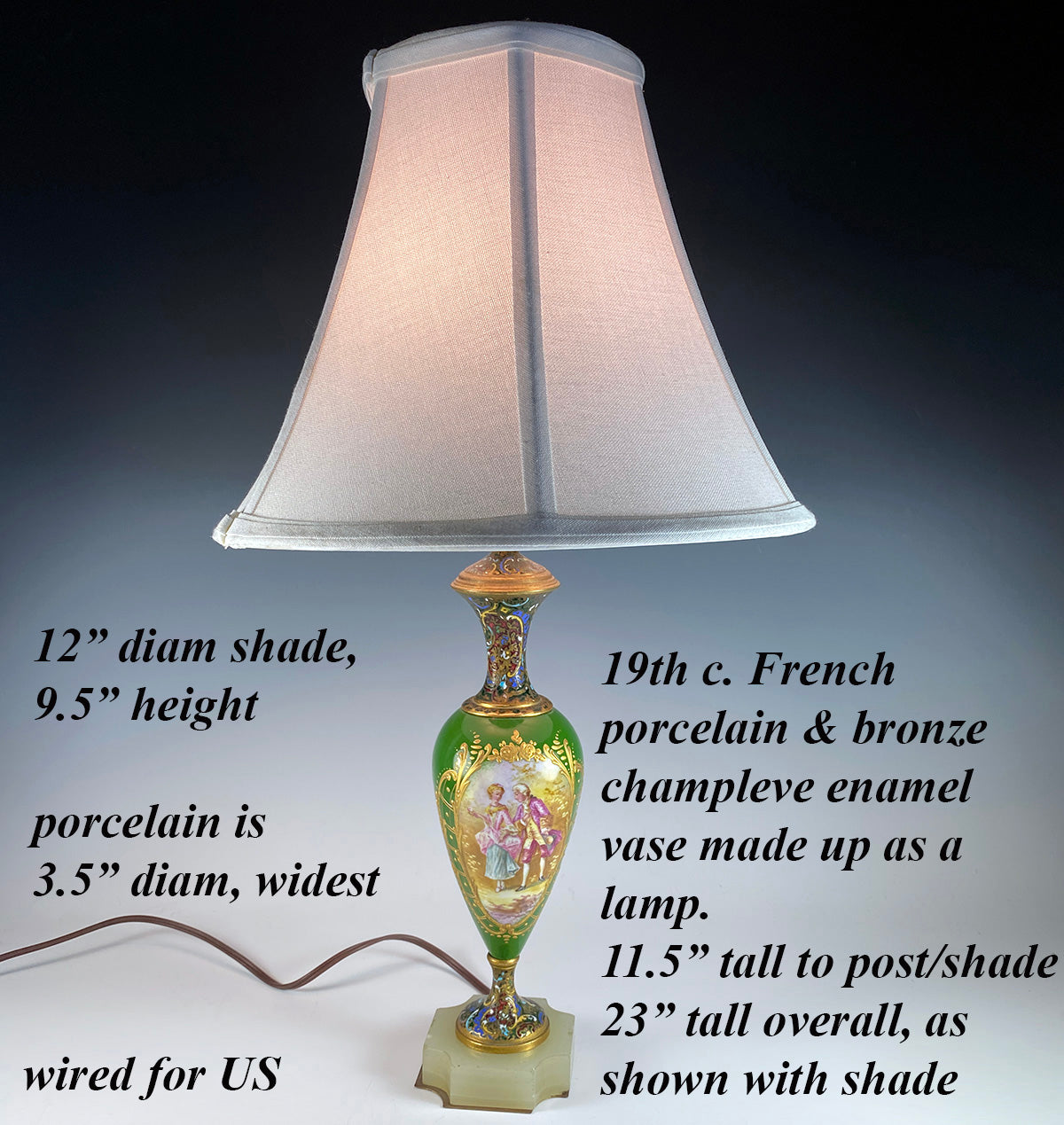 Antique French Porcelain and Champleve Enamel Vase is a Superb Lamp 23" Tall