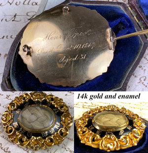 Fine Antique Victorian Era Mourning Brooch, 14k Large, Engraved Dedication & Hair