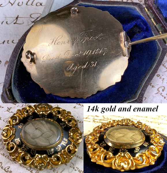 Antiques & Uncommon Treasure Fine Antique Victorian Era Mourning Brooch, 14K Large, Engraved Dedication & Hair