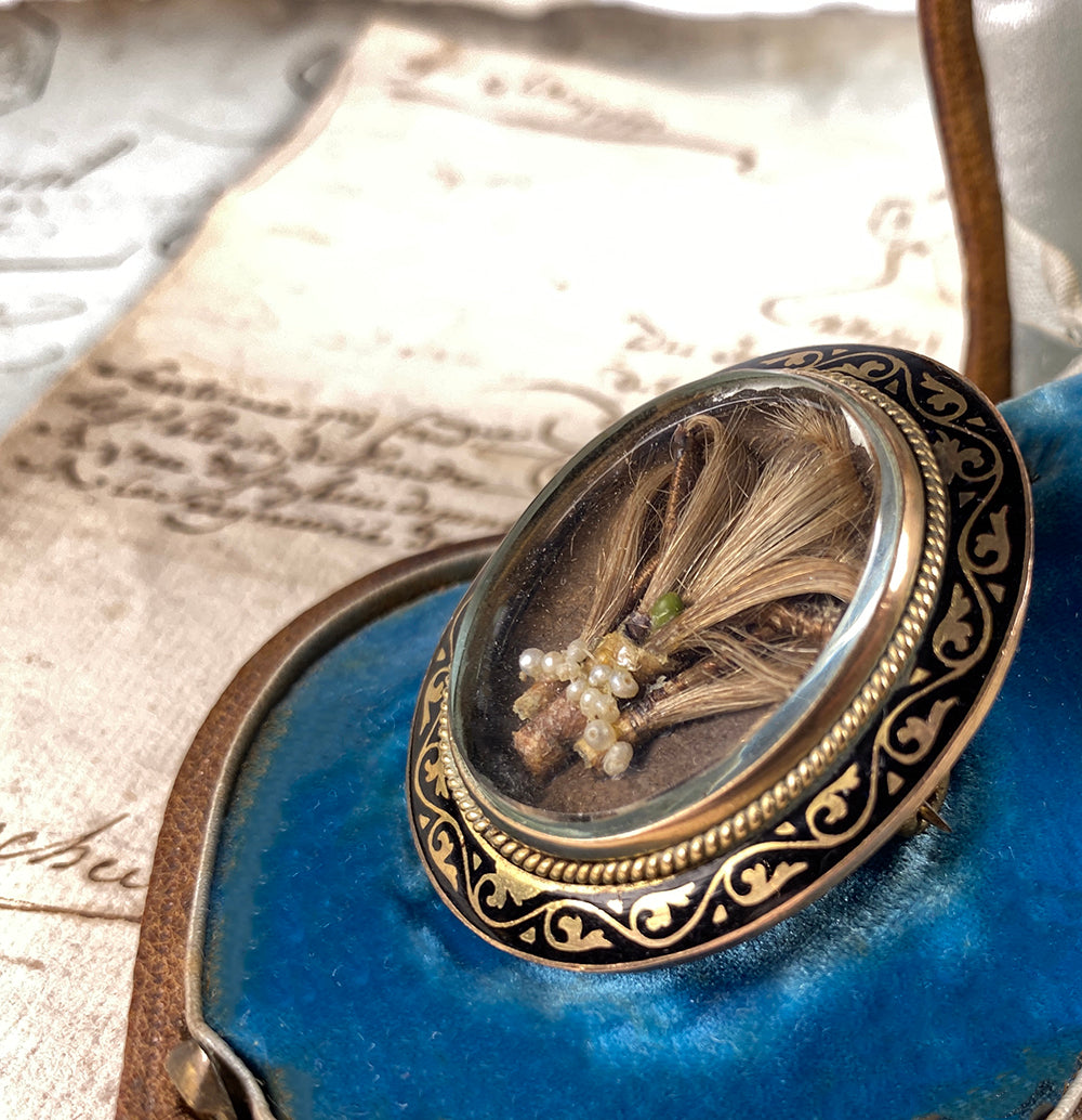 Elegant Victorian Era Mourning Brooch, 18k Gold Face, Kiln-fired Enamel,  Hair Locket, Seed Pearls