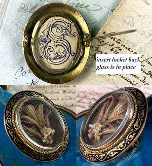 Elegant Victorian Era Mourning Brooch, 18k Gold, Kiln-fired Enamel, Hair Locket, Seed Pearls