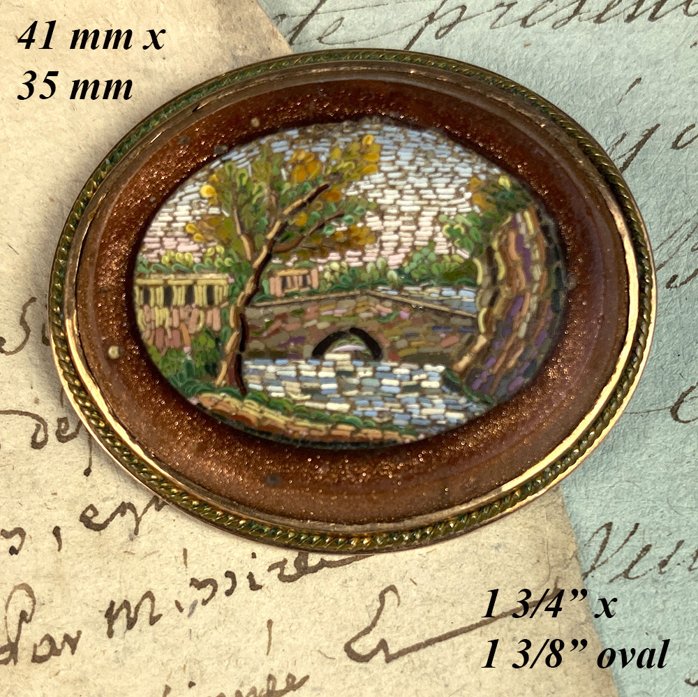 Antique Victorian Era Italian Grand Tour Souvenir Micro Mosaic 12k Brooch, Goldstone