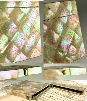 Antique French Mother of Pearl Parquet and Engraved 4" x 3" Calling Card Case, Excellent