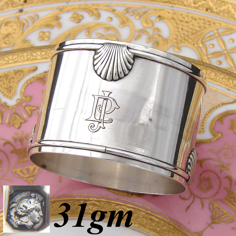 Antique French Sterling Silver 2" Napkin Ring, Seashell Accents, JP Monogram