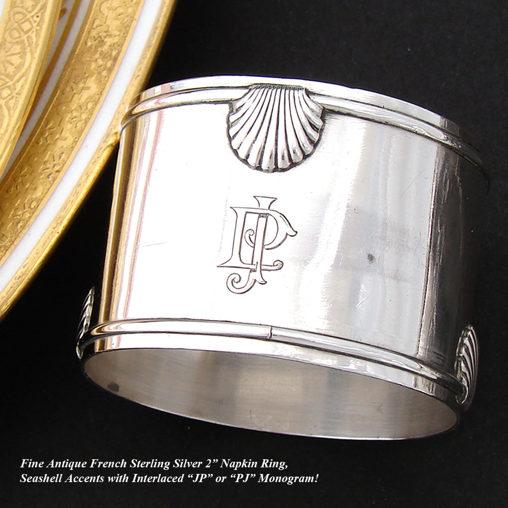 Antique French Sterling Silver 2" Napkin Ring, Seashell Accents, JP Monogram