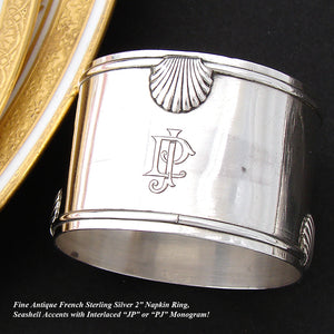 Antique French Sterling Silver 2" Napkin Ring, Seashell Accents, JP Monogram