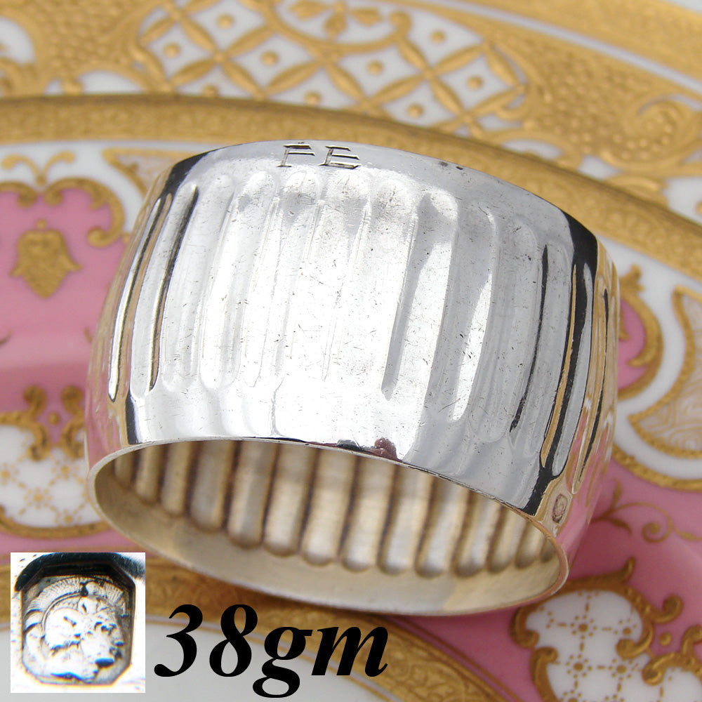 Antique French Sterling Silver Rounded Napkin Ring, Columnar, FE Monogram