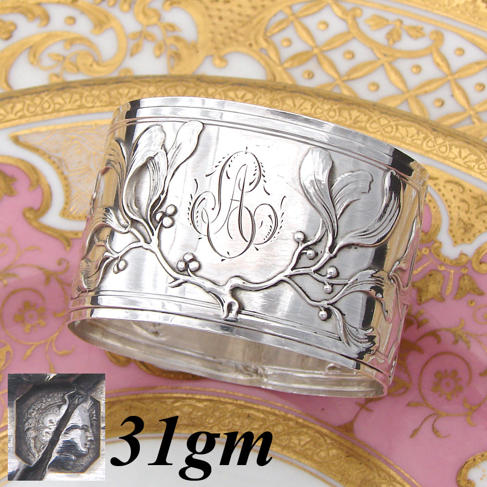 Lovely Antique French Art Nouveau Sterling Silver Napkin Ring, Sinuous Floral Decoration