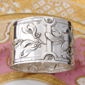 Lovely Antique French Art Nouveau Sterling Silver Napkin Ring, Sinuous Floral Decoration