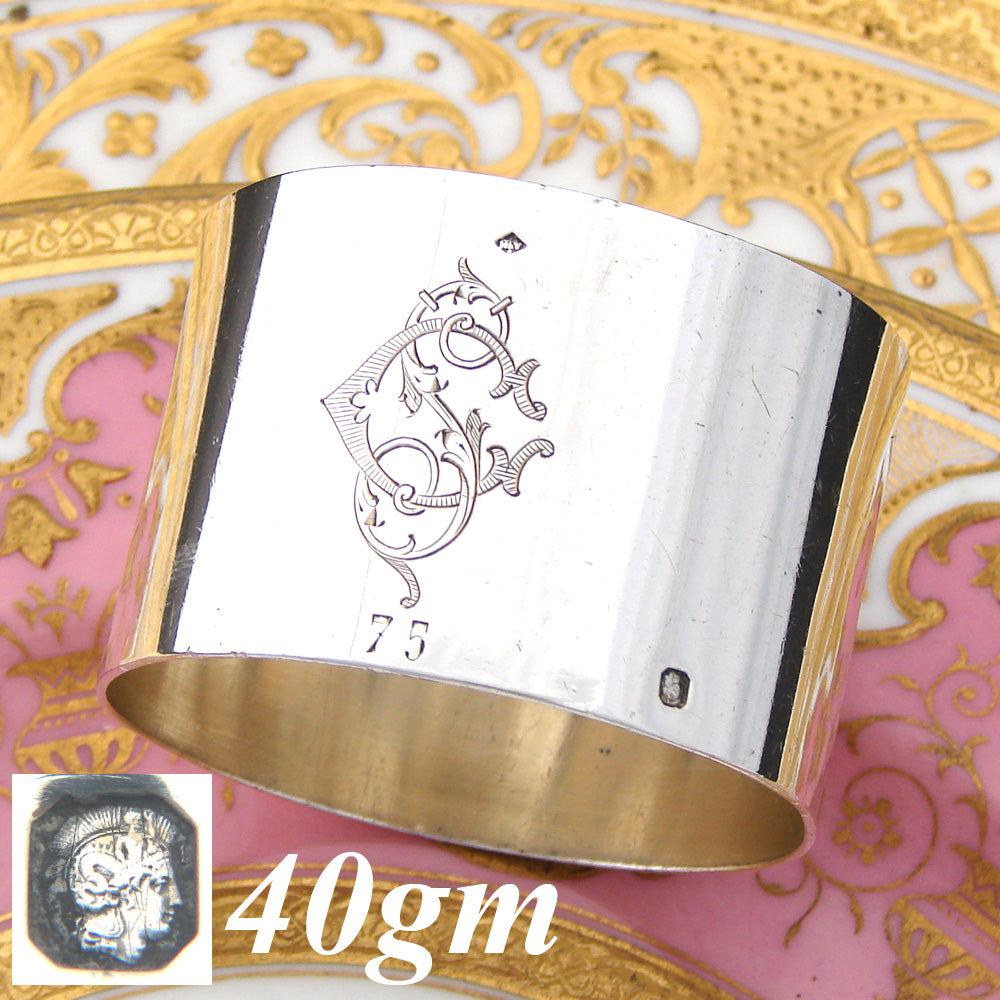 Antique French Sterling Silver Napkin Ring, Floral & Foliate Decoration, "CS" Monogram