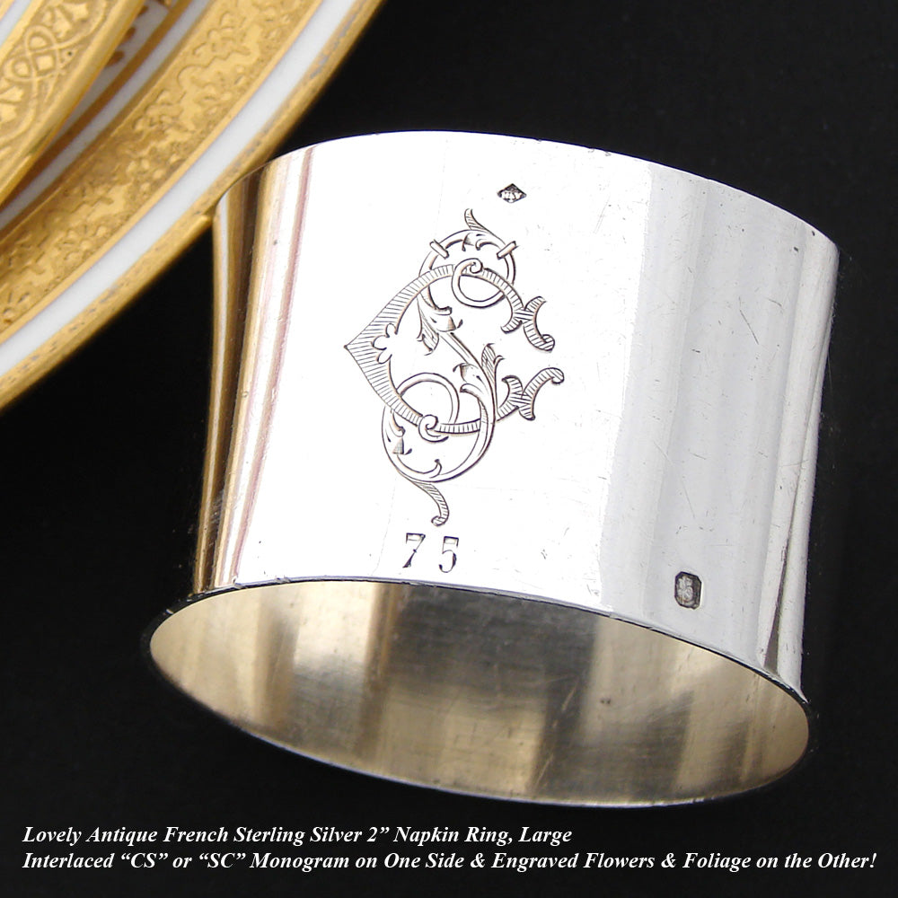 Antique French Sterling Silver Napkin Ring, Floral & Foliate Decoration, "CS" Monogram