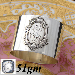 Antique French Sterling Silver Napkin Ring, Raised Floral & Foliate Medallion, "TS"(?) Monogram