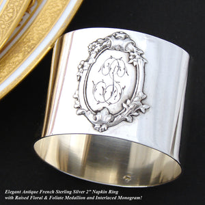 Antique French Sterling Silver Napkin Ring, Raised Floral & Foliate Medallion, "TS"(?) Monogram