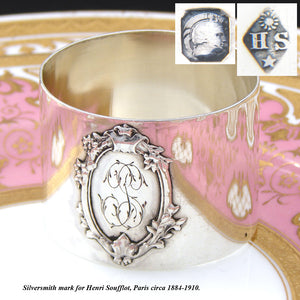 Antique French Sterling Silver Napkin Ring, Raised Floral & Foliate Medallion, "TS"(?) Monogram