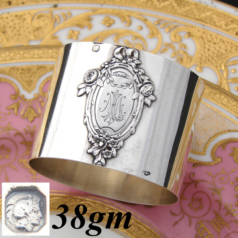 Antique French Sterling Silver Napkin Ring, Raised Floral Bow & Ribbon Top Medallion, Monogram