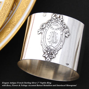 Antique French Sterling Silver Napkin Ring, Raised Floral Bow & Ribbon Top Medallion, Monogram