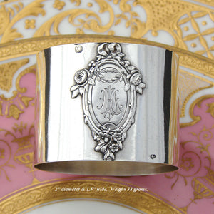 Antique French Sterling Silver Napkin Ring, Raised Floral Bow & Ribbon Top Medallion, Monogram