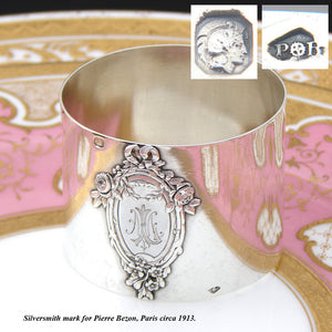 Antique French Sterling Silver Napkin Ring, Raised Floral Bow & Ribbon Top Medallion, Monogram