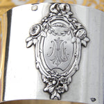 Antique French Sterling Silver Napkin Ring, Raised Floral Bow & Ribbon Top Medallion, Monogram