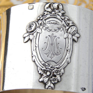 Antique French Sterling Silver Napkin Ring, Raised Floral Bow & Ribbon Top Medallion, Monogram