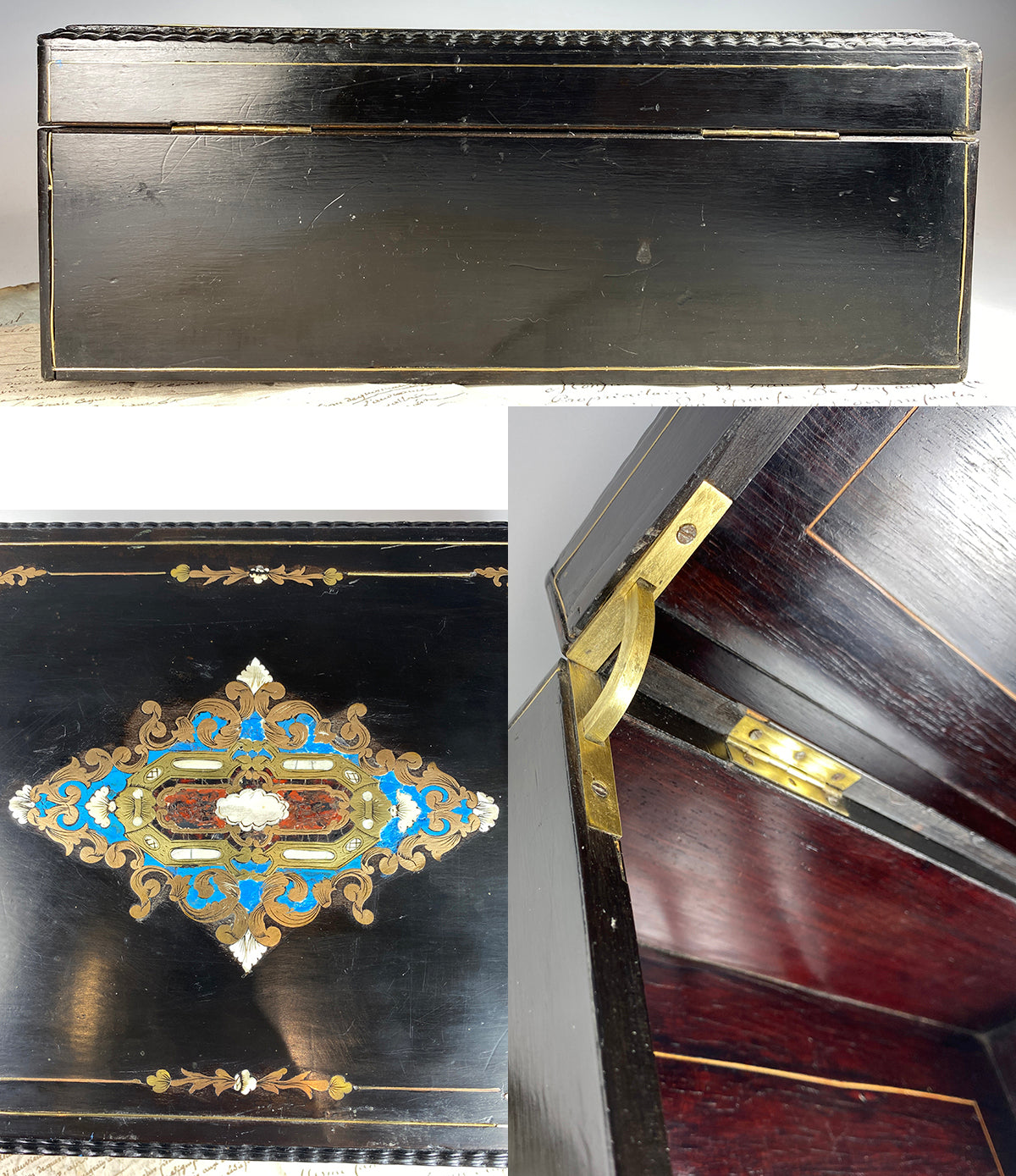 Large 12 3/4" x 9 1/4" Antique French Napoleon III Boulle Chest, Box, Coffret, Casket